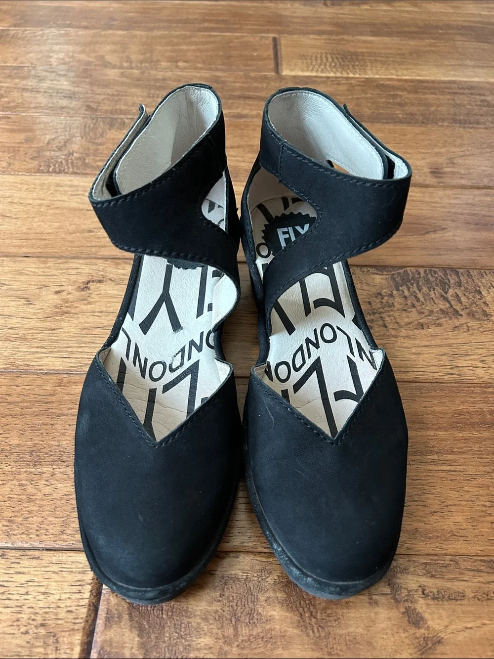 Fly London Piat Wedge Heel Shoes Black Leather Ankle Strap Size 36